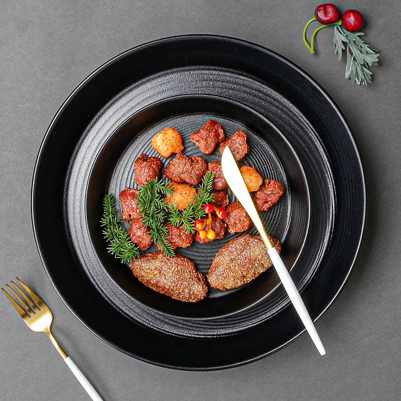 

Unbreakable Dinner Plates Food Storage Tray Round Black Melamine Porcelain Barbecue Dishes Dishwasher Safe BPA Free Kitchen Tool