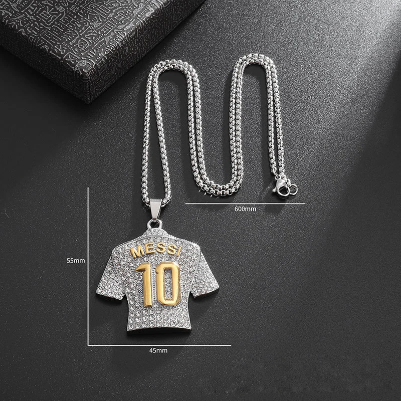 Full Zircon Pendant Necklace Hip Hop Cool Messi 10 Super Soccer Star Fans Stainless Steel Clavicle Charming Jewelry Men Necklace