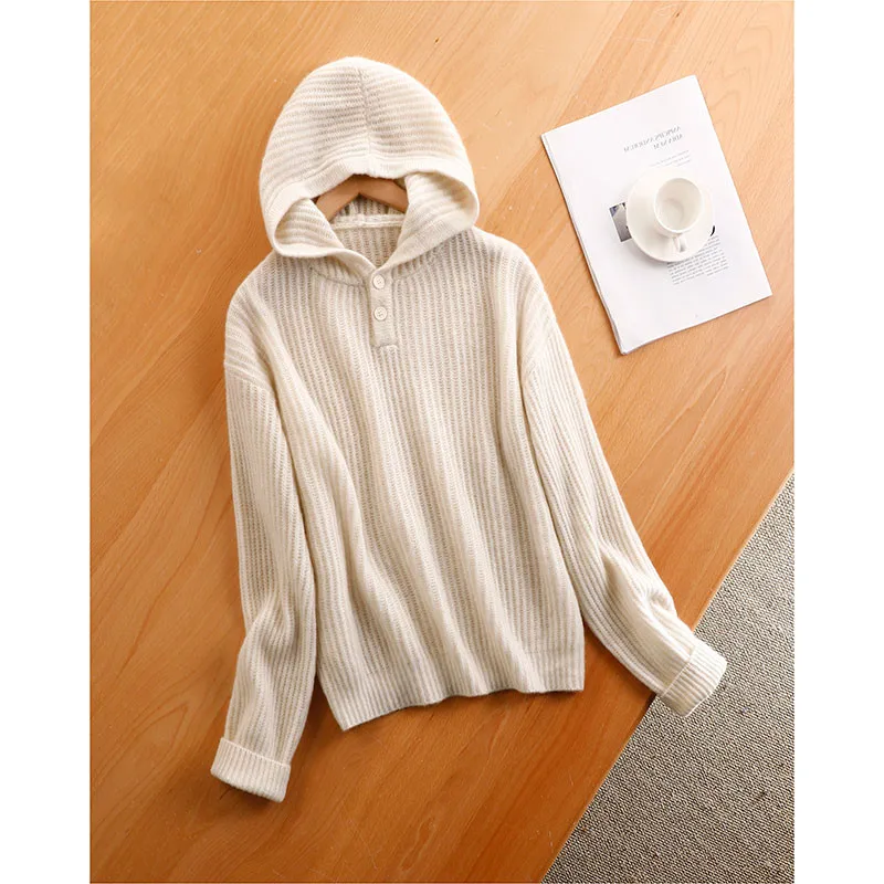 Hooded cashmere sweater women pullover loose jacket spring and autumn pure wool hoodie knitted casual base with hoodie