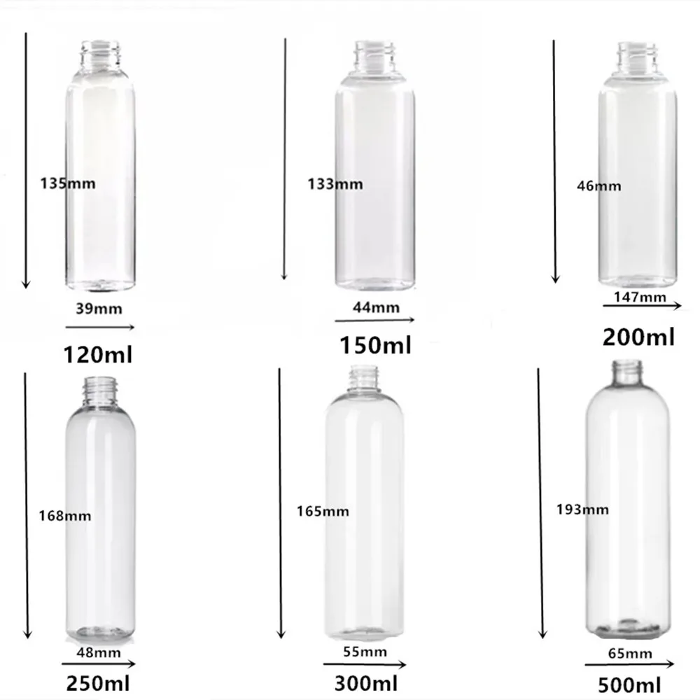 4oz 8oz 150ml 200ml 250ml 300ml 500ml 120ml زجاجات بلاستيكية مستديرة فارغة، زجاجة PET شفافة مع بخاخات الزناد الأبيض/الأسود