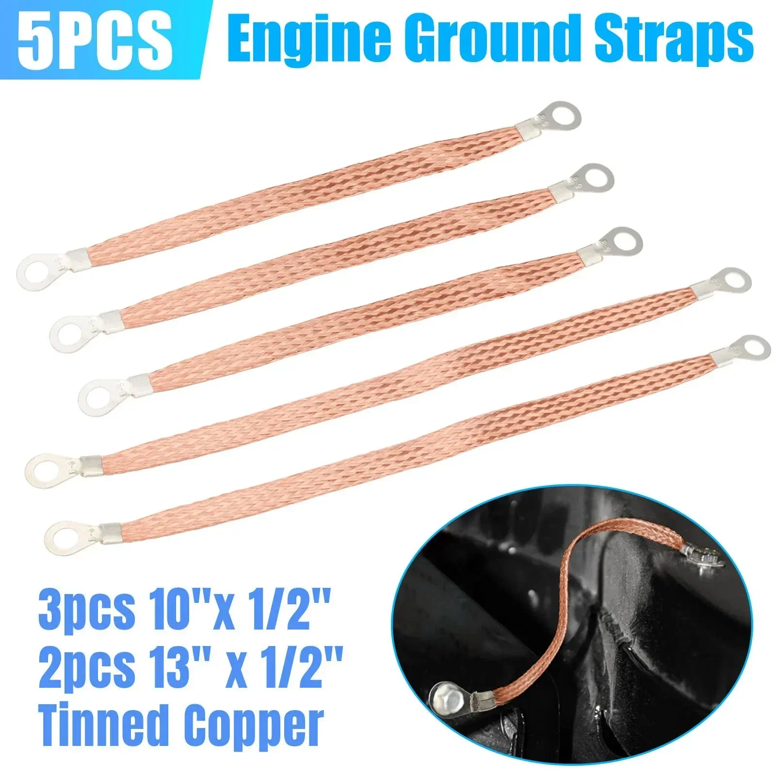 5Pcs Copper Wire Car Engine Ground Strap Braided Tear-resistant High Conductivity Automotive Ground Strap