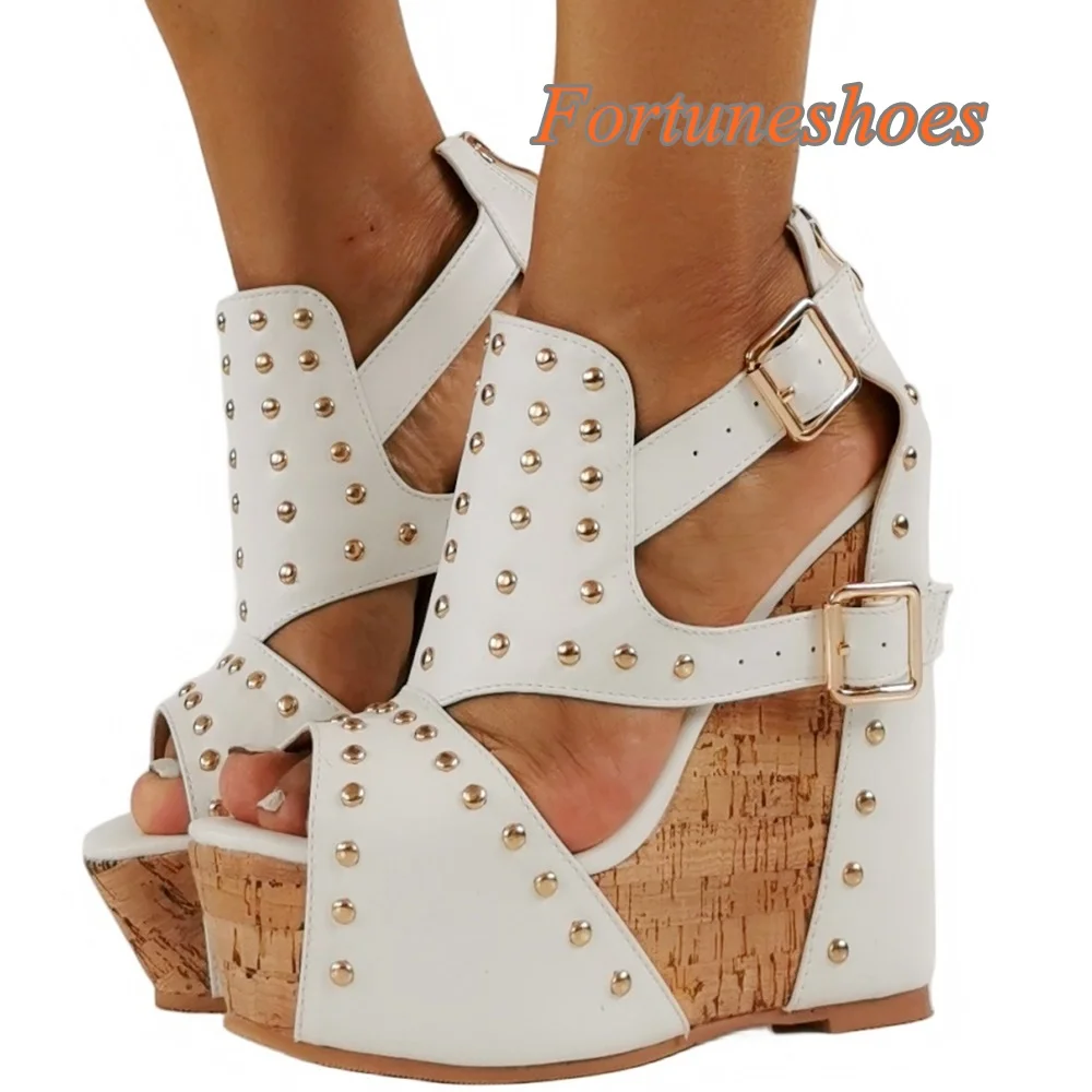 

Platform Wedges High Heel Pumps Patchwork White Rivet Belt Buckle Back Zipper Pumps 2025 Newest Fashion Casual Summer Sandals