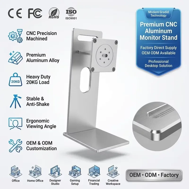 CNC Aluminum Monitor Stand VESA 100x100 Mount for 24 27 32 Inch Screen Desktop Riser Adjustable Height Computer Display