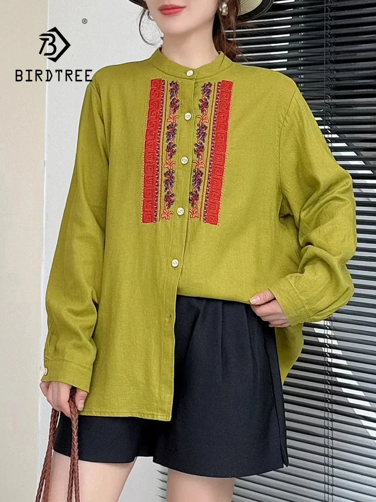 

New 2025 Winter Cotton Yarn Long Sleeve Shirt, Women Stand Embroidery, Mori Girl Vintage Breathable Casual Loose Blouse T5D253CC