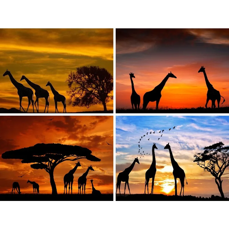 DIY Diamond Painting Cross Stitch Kits Full Round Resin Rhinestone Mosaic Daimond Embroidery African Sunset Giraffe Decoration