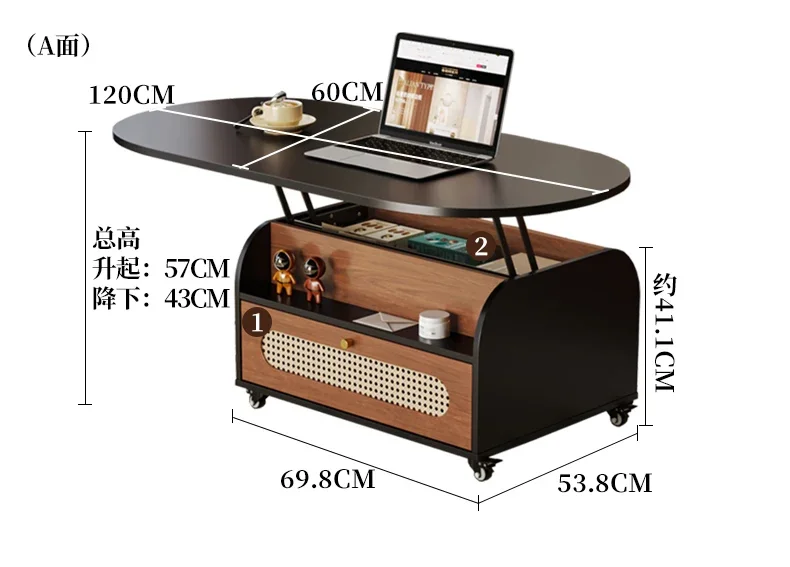 Medieval style movable lifting coffee table Solid wood double-sided storage rattan living room table Small apartment c