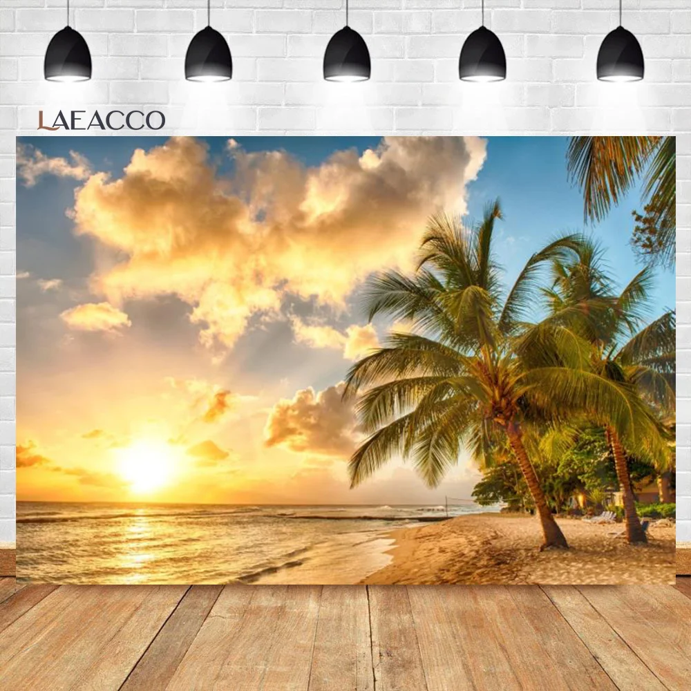 Laeacco Summer Sea Backdrops Sky Clouds Tropical Beach Palms Trees Photography Backgrounds For Photo Studio Photocall Photozone