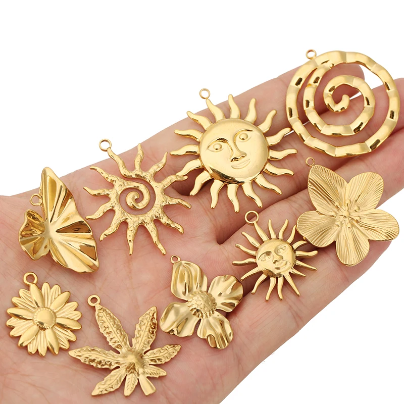 4pcs Stainless Steel Leaf Vintage Sun Flower Spiral Circle Large Charms Pendant for DIY Earring Necklace Jewelry Making Supplies