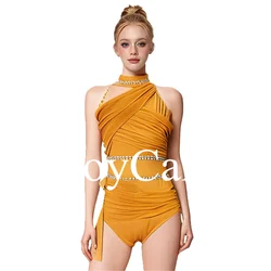 JoyCan Lyrical Dance Dress Gold Jazz Dance Costume Pole Dancing Clothes Girl Performance Training BD3628