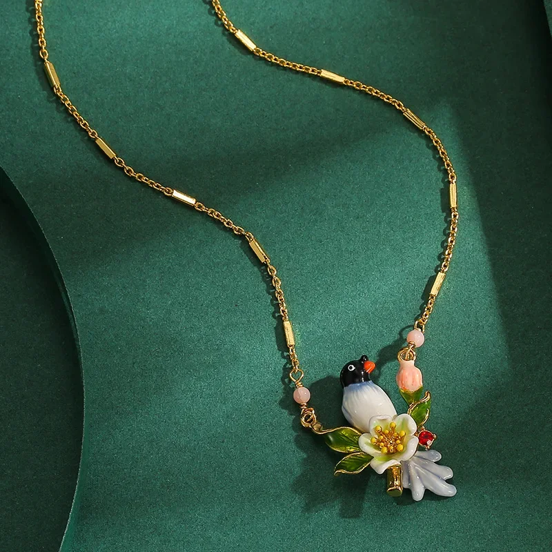 New Arrival Handmade Blue Grey Enamel Bird Pendant Necklace Fancy Birthday Gift Statement Jewelry Cute 3D Sparrow Beautiful Flow