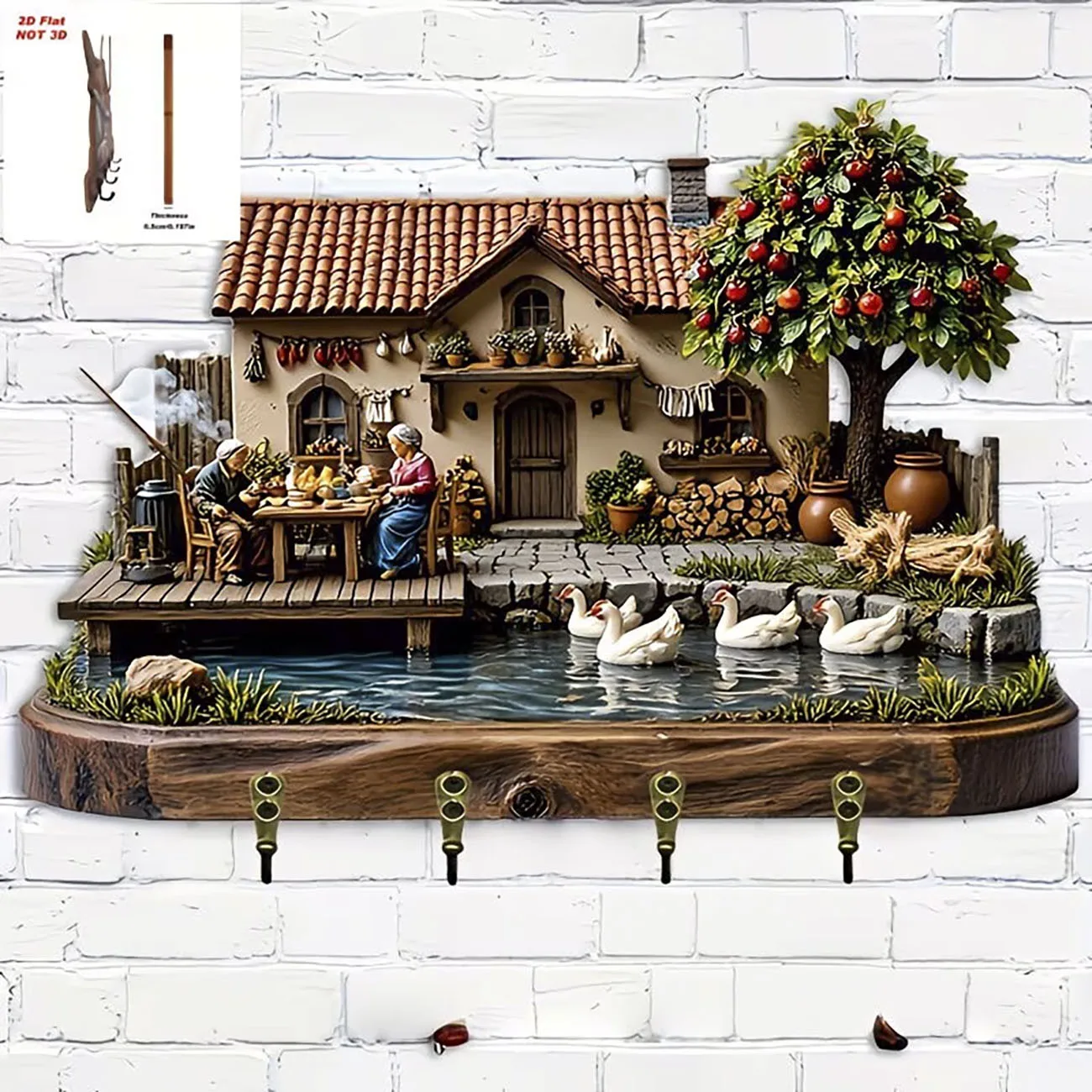 Porte-clés Lakeside Cottage, support mural pour clés imprimé en 2D avec 4 crochets, décoration de maison de style farmhouse