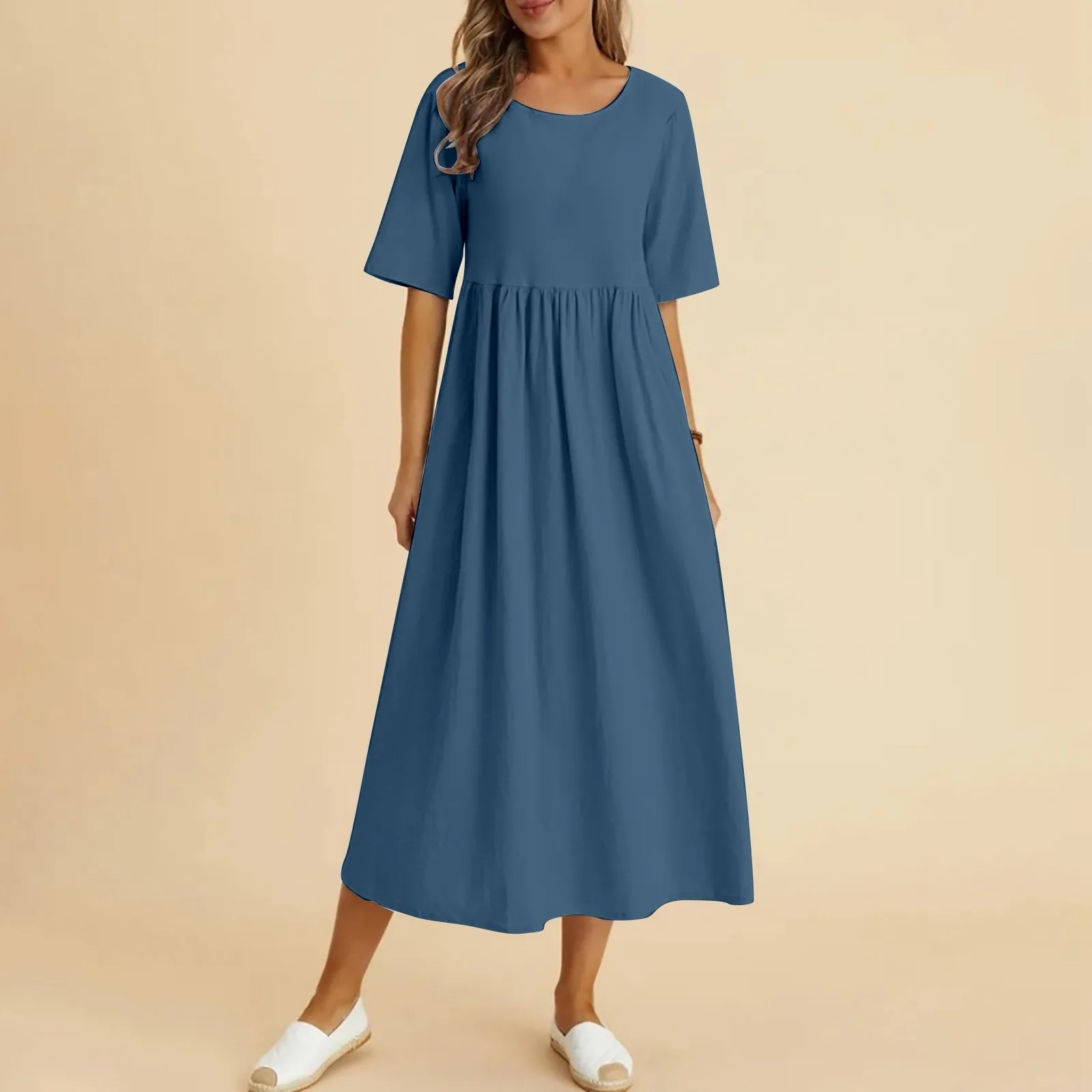 

Summer Casual Dress For Women Solid Color Half Sleeve O-Neck Long Dresses Pleated Fashion Elegant Ladies Maxi Dress Vestidos