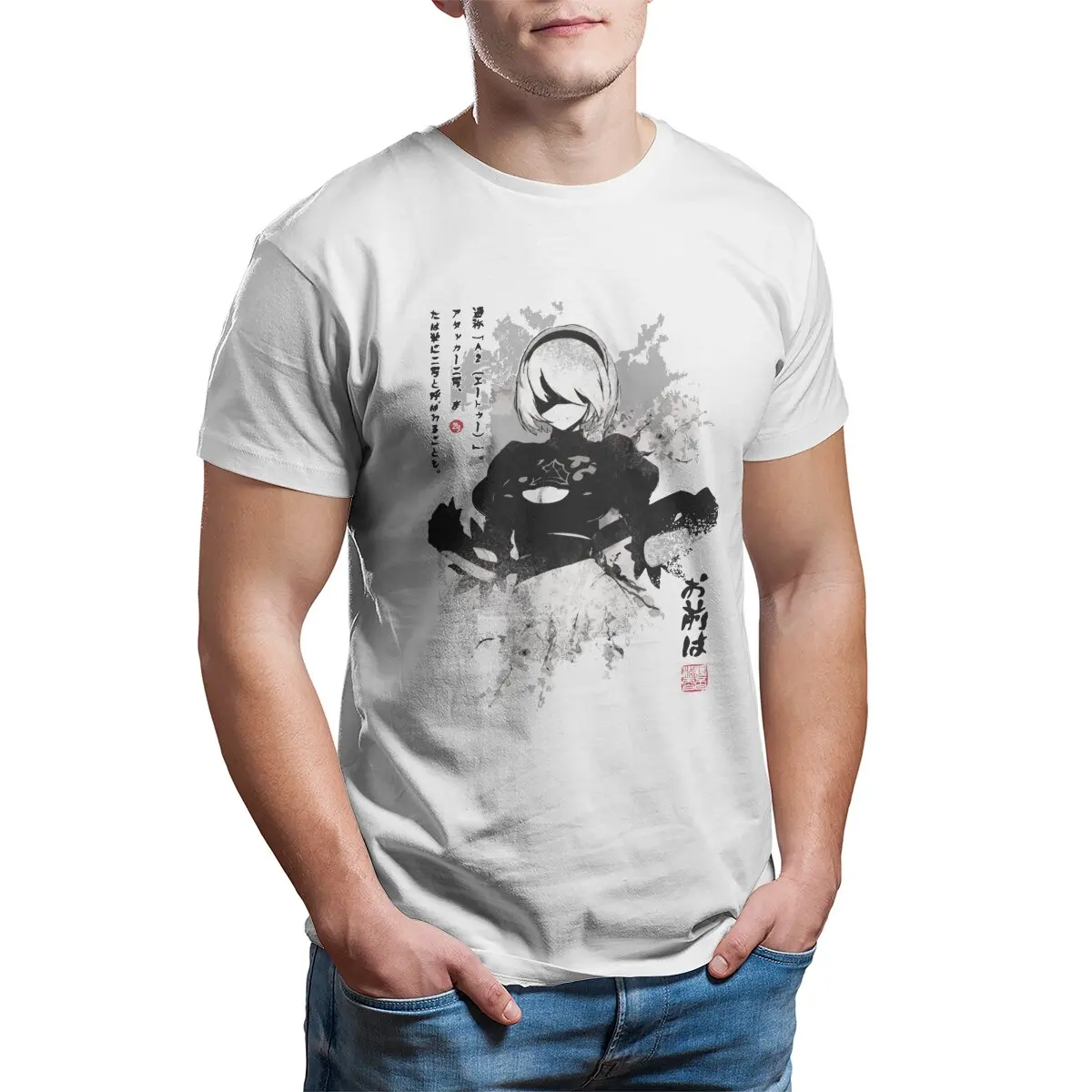 

Video game NieR Automata NieRAutomata 2B Japan Ink ニT-Shirt Men Novelty Pure Cotton Tees T Shirt Gift Idea Tops