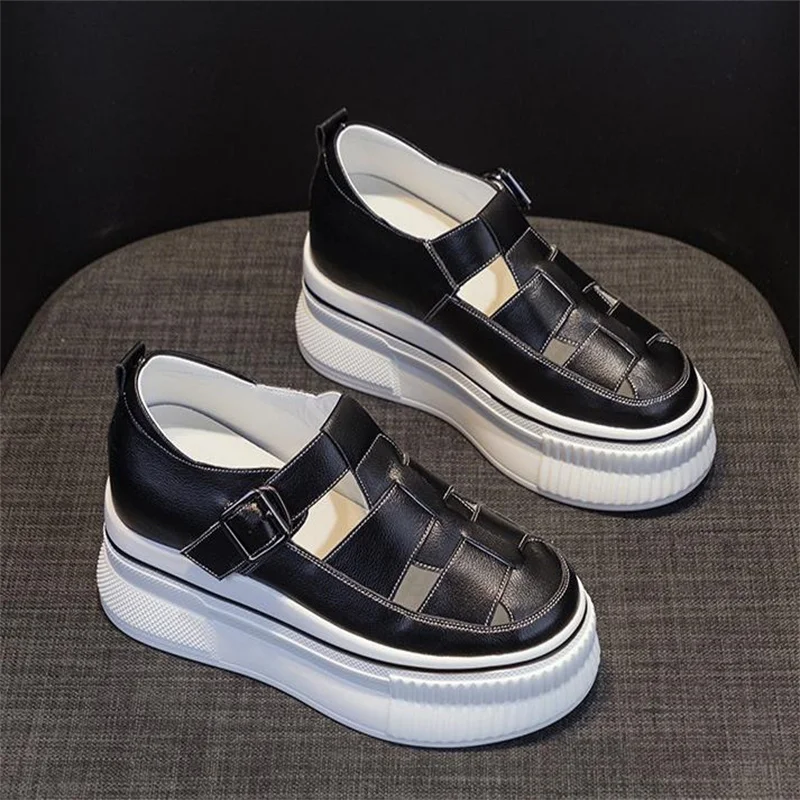 7.5cm Genuine Leather Women Summer Shoes Platform Slippers Wedge Sandals For Female Slip On Beach Summer Fashion Ladies 34-39