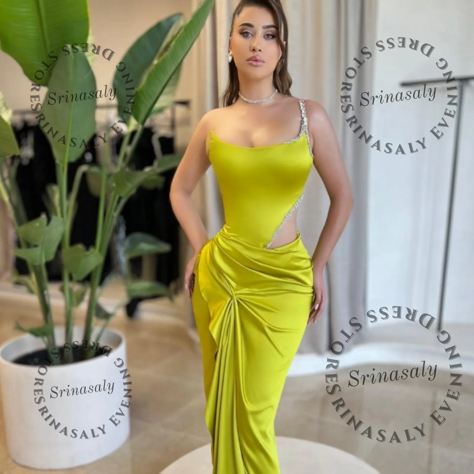 

Handmade Crystal Draped Pleat Prom Dresses Customized High Quality One Shoulder Mermaid Evening Party Dress Sexy Arabric Long فس