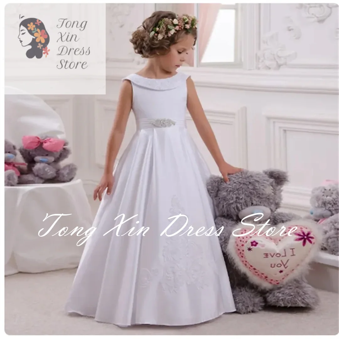 Vestido blanco de corte en A con lazo para niña, faja sin mangas, liso, cuello redondo, trajes de princesa personalizados para primera comunión