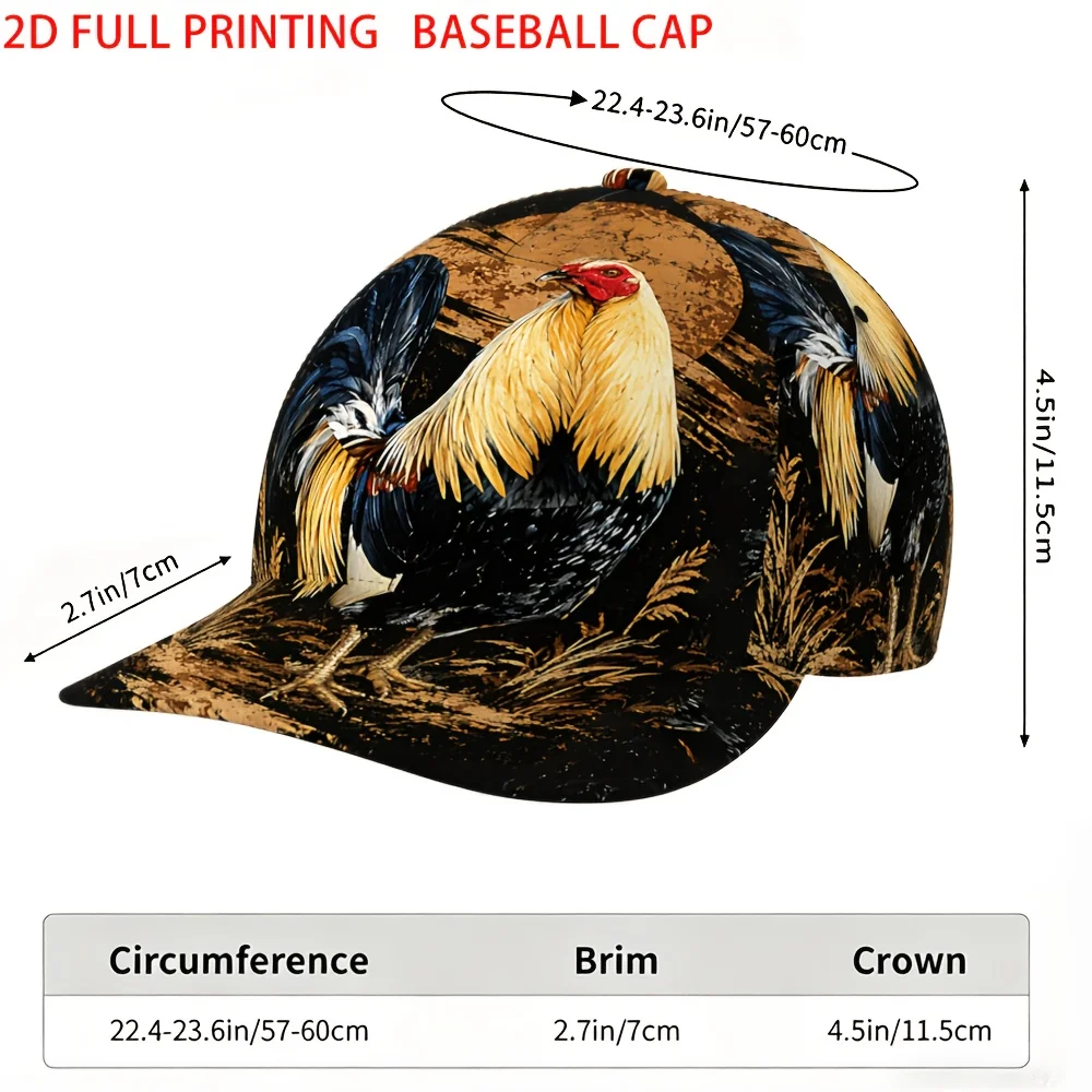Customization Rooster Sun Vintage Men's Baseball Cap, 2D Flat, Fashion, Casual, Outdoor, Travel, Sports, Daily Wear, Gift, Fashi