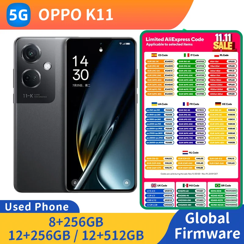 هاتف OPPO K11 5G يعمل بنظام أندرويد بشاشة OLED مقاس 6.7 بوصة وكاميرا WIFI بدقة 50 ميجابكسل في حالة جيدة هاتف مستعمل