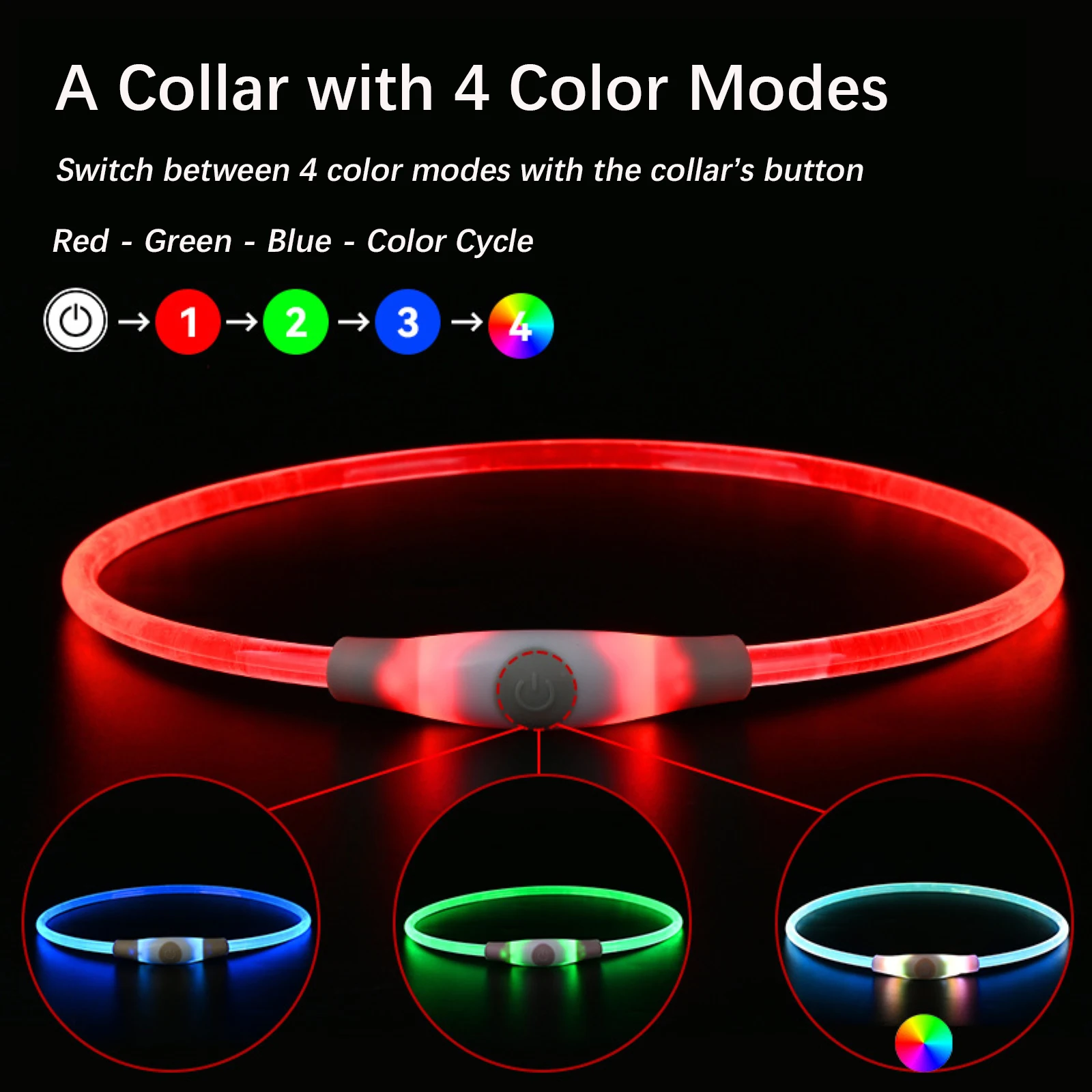 4-Mode LED Dog Collar Rechargeable Type-C Adjustable Light Up Pet Collar for Safety High Visibility Night Reflective Collar