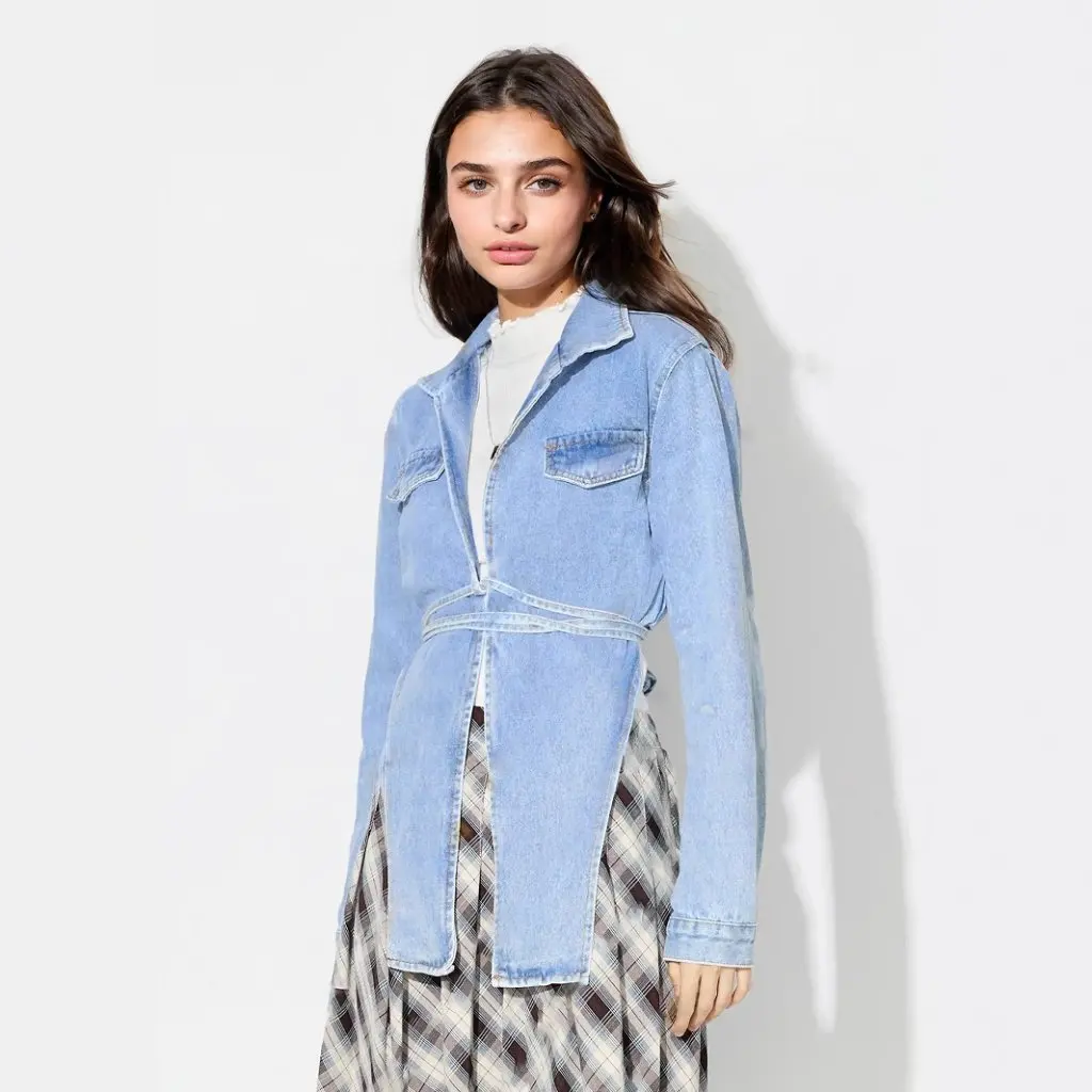 

Женская модная джинсовая куртка с лацканами и кружевом M2 в наличии, индивидуальная верхняя одежда в европейском и американском стиле для женщин