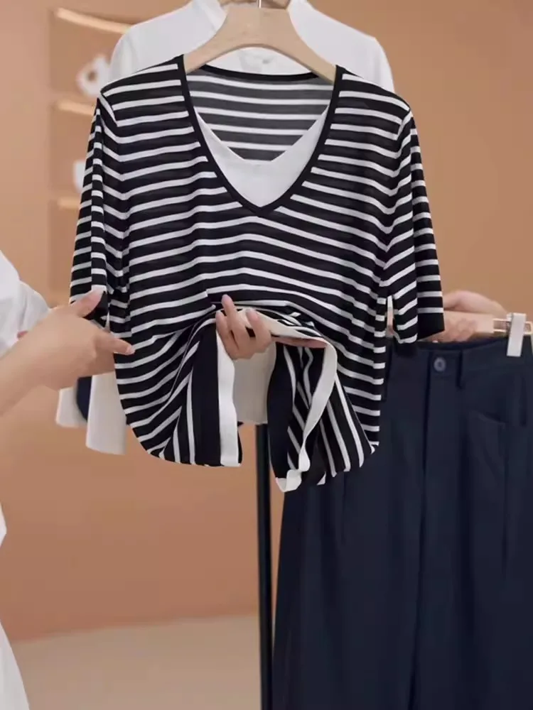 Sciolto Casual Sle Color Blo ort Sve Classico Top a righe Base in seta di ghiaccio da donna irt Estate Versione coreana Poesia Art