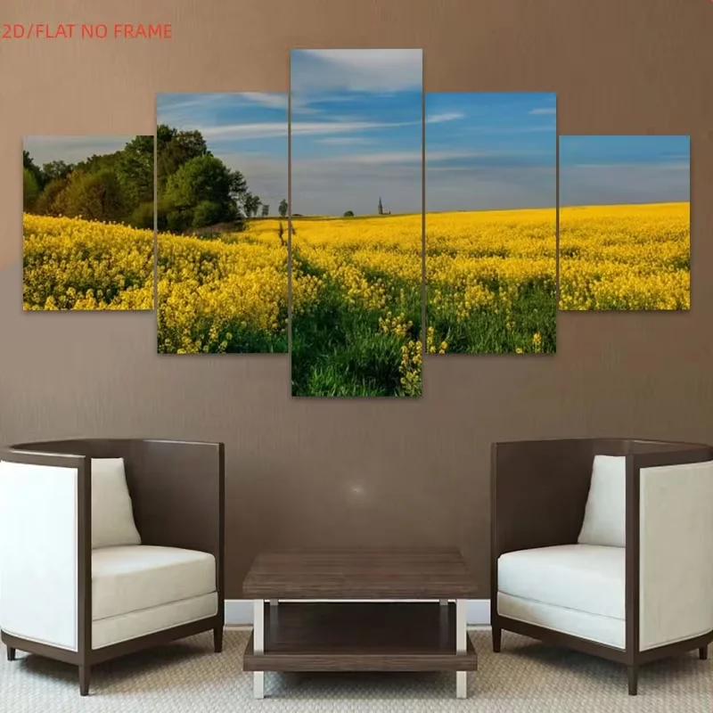 2D Flat, 2D Flat 5pcs Frameless Stunning Yellow Floral Theme Canvas Art Decoration, High-definition Poster Print Art, Suitable f