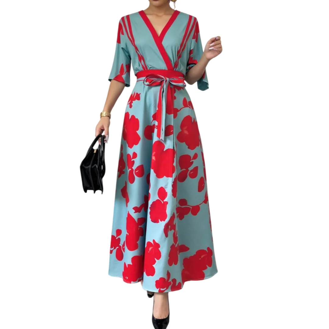 エレガントな女性用Vネックベルト付きボヘミアンロングドレス、花柄プリント半袖Aラインマキシドレス、ホリデーイブニングパーティーガウン、2025年春