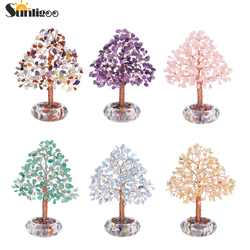 

Sunligoo Chakra Aquamarine Crystal Tree Healing Gemstones Energy Trees Figurine W/ Glass Base Yoga Tree Office Desk Home Decor