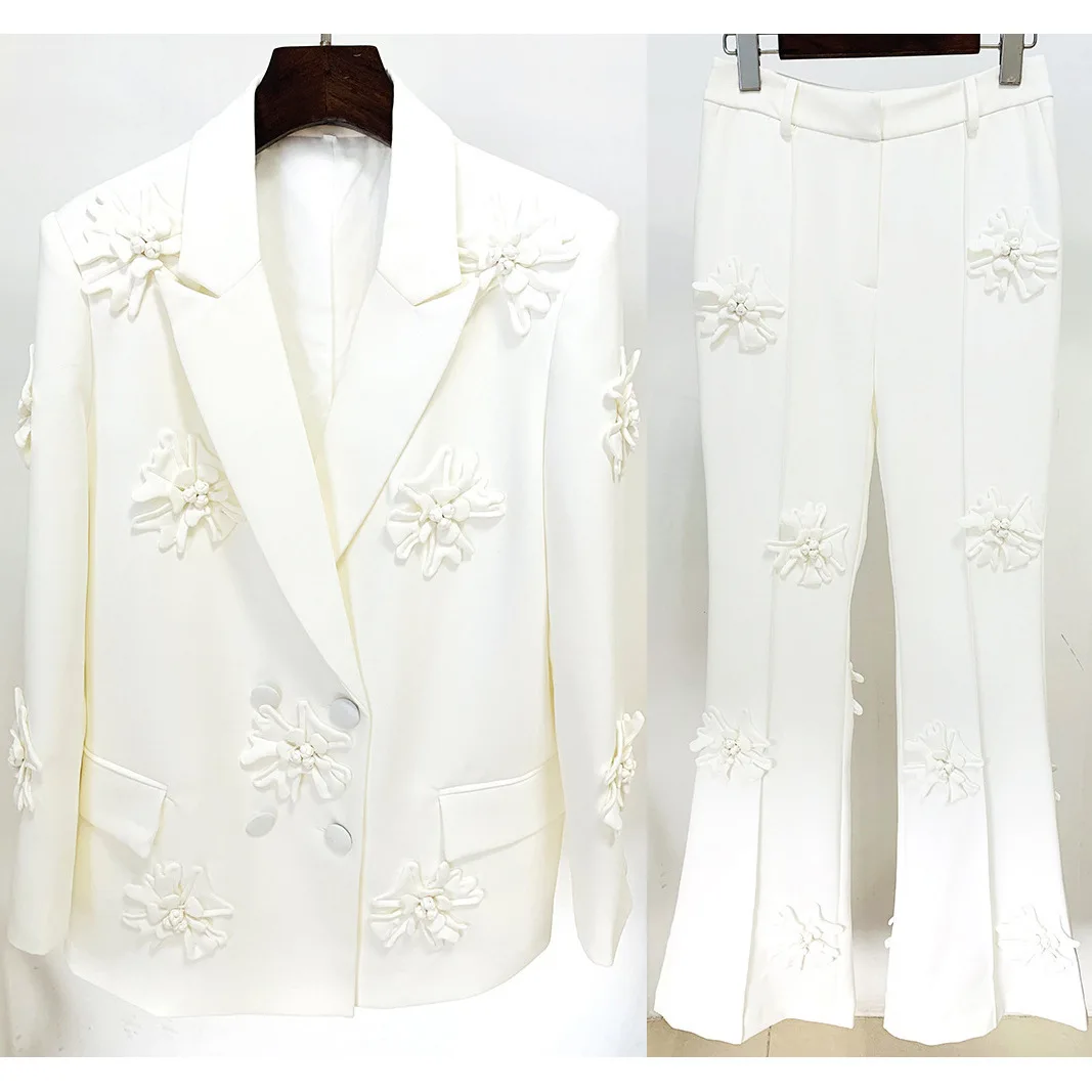 2025 Hot Selling New Double Breasted Heavy Industry Three-Dimensional Flower Decoration Suit Jacket+Pants Set