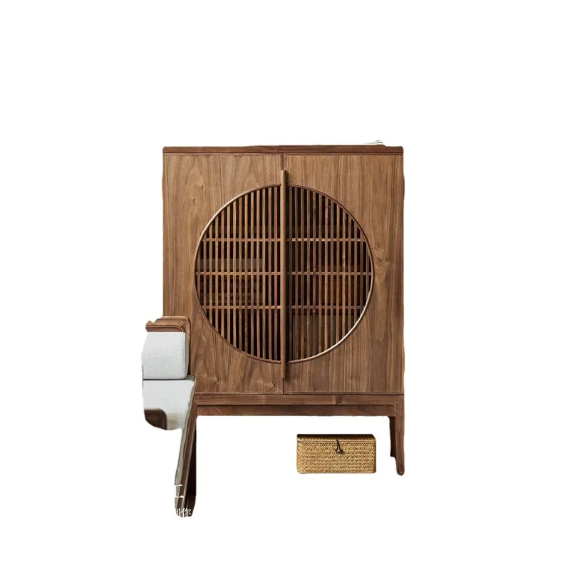 New Chinese shoe cabinet, side cabinet, entrance cabinet, black walnut furniture, log solid wood bookcase, foyer cabinet