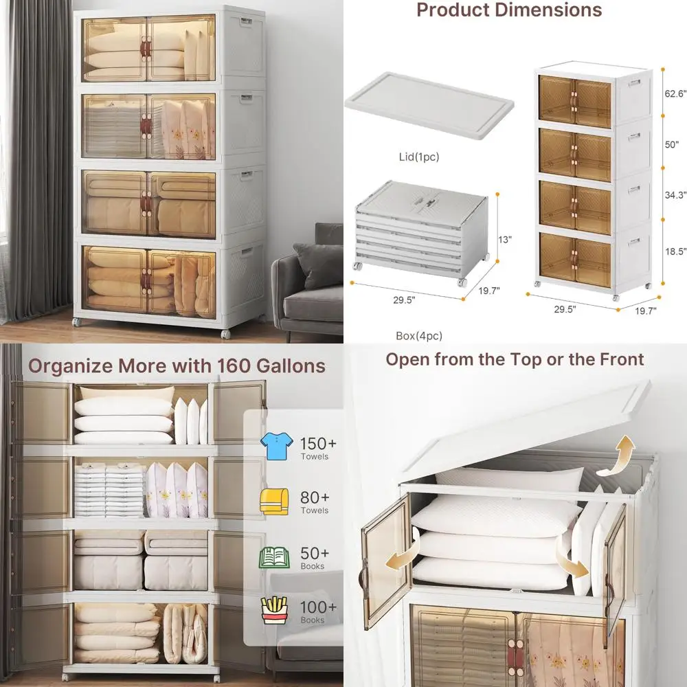 صناديق تخزين قابلة للتكديس ذات سعة كبيرة مع أغطية وعجلات وأبواب، 640-160 كوارت/40 جالون، 4 عبوات من منظمات خزانة قابلة للطي