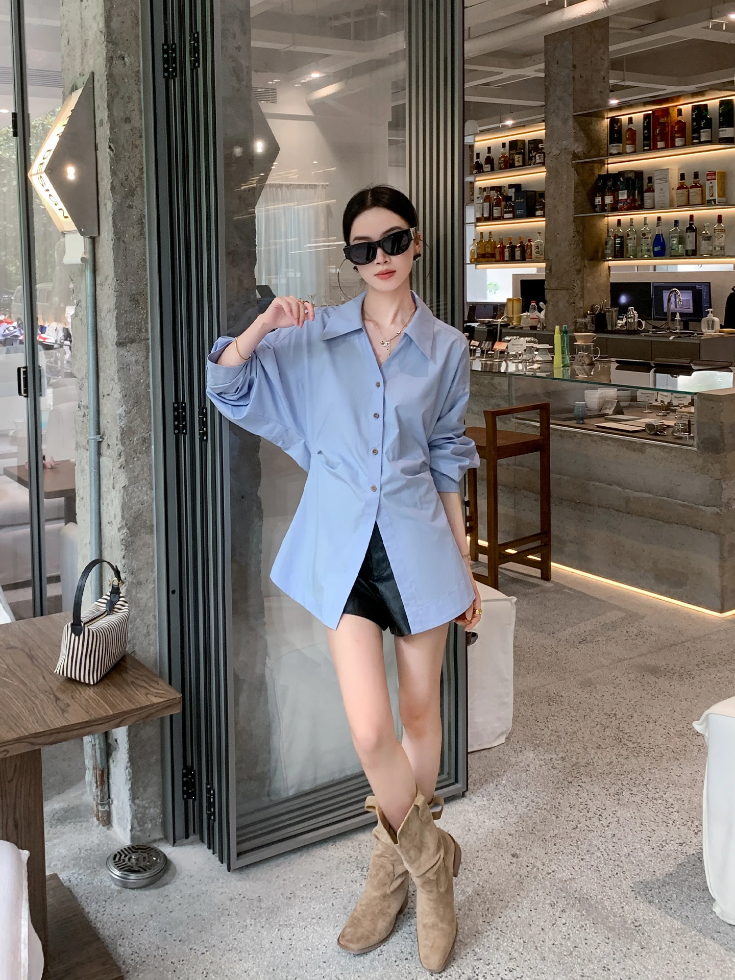 

Slimming Blue irt Women's Long Sve Spring Autumn Sle Bingingo Faionable Waist-Cinching Casual Wear for Commuting