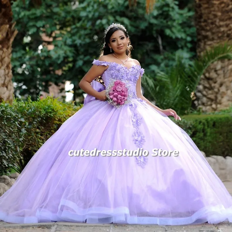 Lilac Elegant Quinceanera ชุดกับโบว์3D ดอกไม้ Applique เม็กซิกัน XV สาวชุด Vestidos De 15ปี