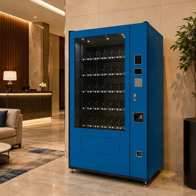 Modern Compact Snack and Beverage Selling Machine Combines QR Payment and Coin Acceptor with Customized Product Channels
