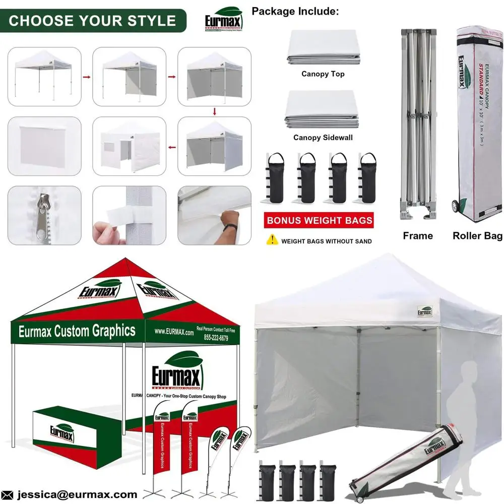 

Белая коммерческая палатка с навесом 10x10 с 4 сторонами на молнии, роликовым мешком и 4 мешками с песком