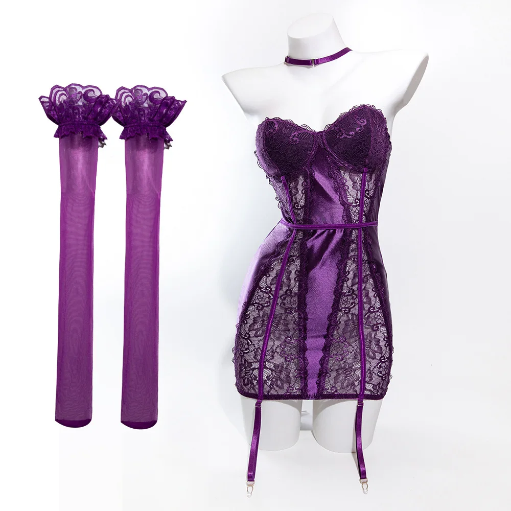 Women Sexy Lace Exotic Set See Through Thin Dress Set Elegant Hollow Out Ladies Underwear Off Shoulder Party Cloub Costumes