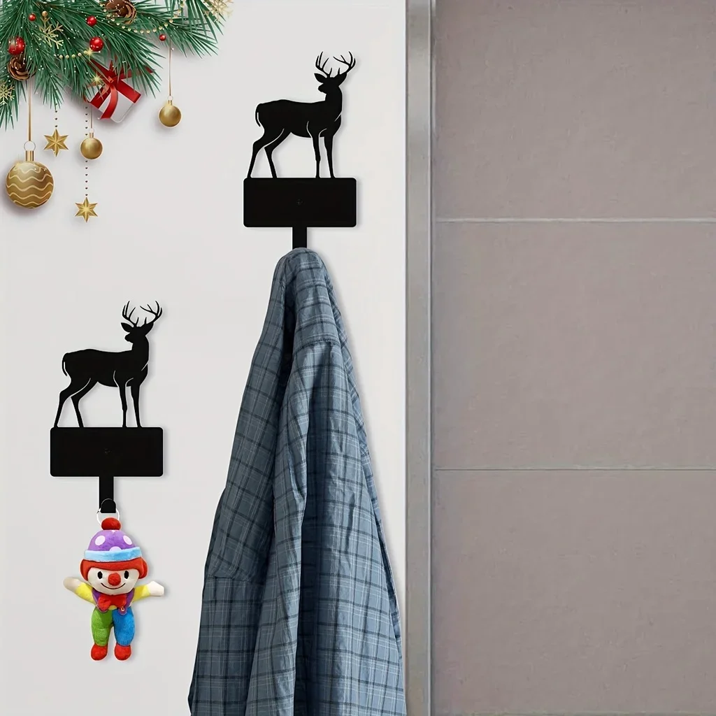 1pc, Christmas Deer Metal Coat Holder Hooks, Christmas Decoration, Wall Mounted Hanger Iron Bathroom Towel Key Hooks Scene Decor