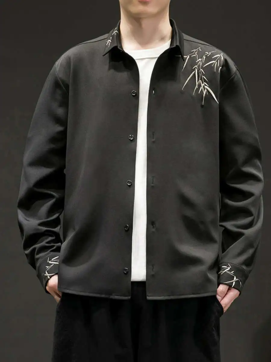 

Новинка: Мужская удлиненная футболка с вышивкой из бамбука, повседневная, трендовая, оверсайз, винтажная, для весны и осени, модный топ