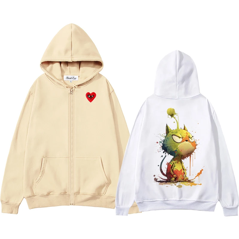

Angry Cat Cute Colorful Print Men Women Zipper Hoodie Polyester Red Glasses Heart Embroidery Pocket Loose Thin Autumn Sweater
