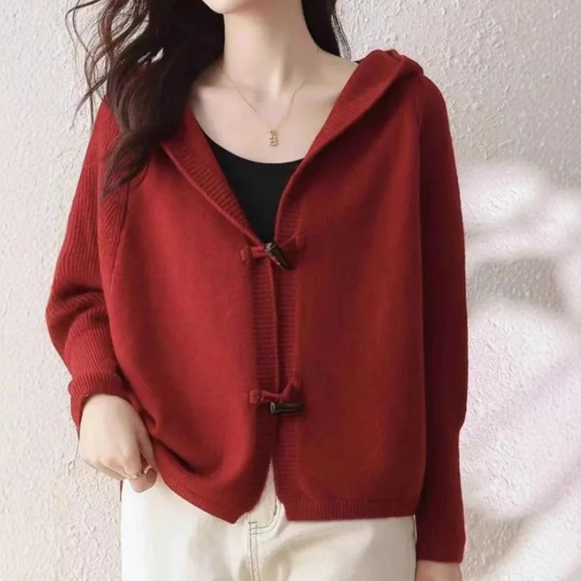 BOWEYLUN, chaqueta cárdigan de punto para ir al trabajo de Color sólido, Tops informales holgados con capucha y botones de cocodrilo para primavera y otoño para mujer