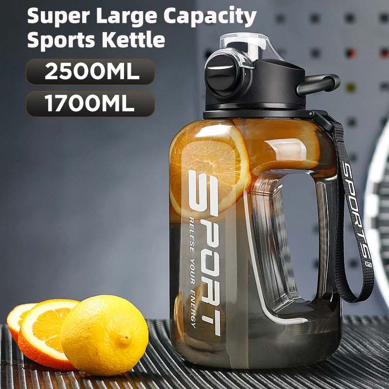 

Large Capacity Sport Water Bottle with Straw, Scale Gradient and Strap Handle, Outdoor Portable Kettle, 1.7 L, 2.5 L