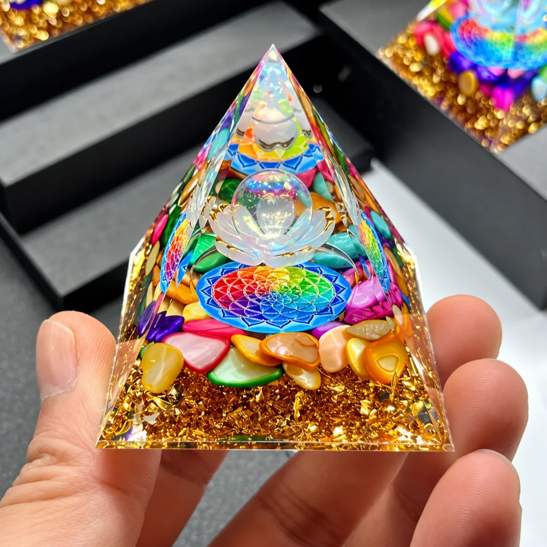 Orgonite Pyramid Rainbow Lotus Flower of Life Symbol Natural Colorful Crystal Chips Energy Generator for Meditation Home Decor