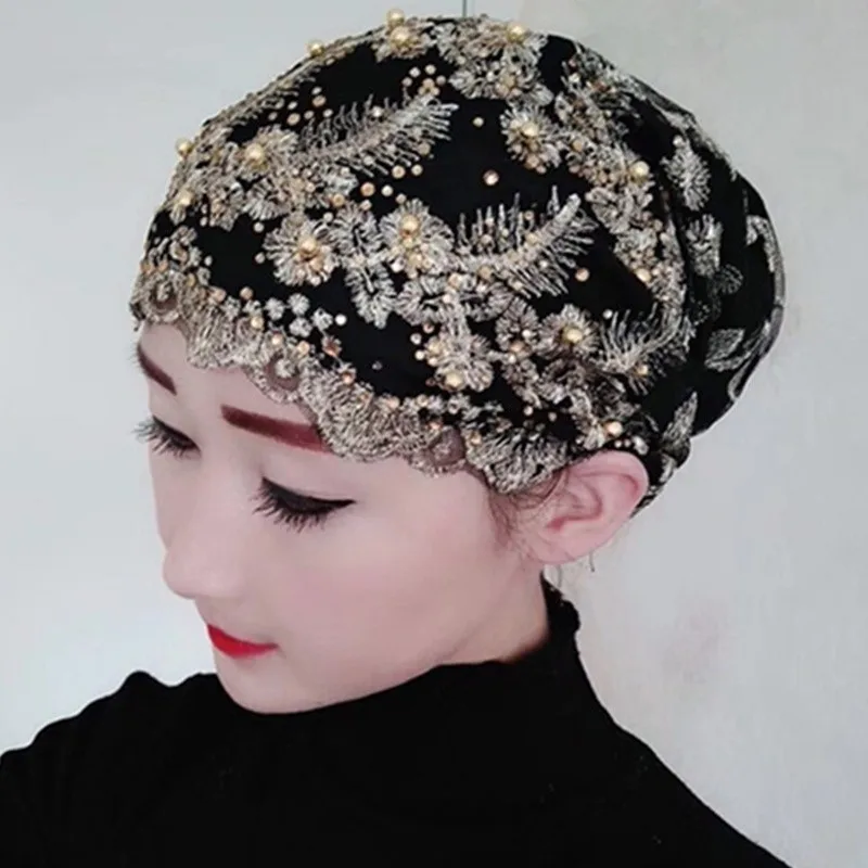 Breathable Embroidery Lace Turban Cap Women's Summer Beanies Bonnet Muslim Headscarf Hat Ladies Head Wraps Ready Hijab 2