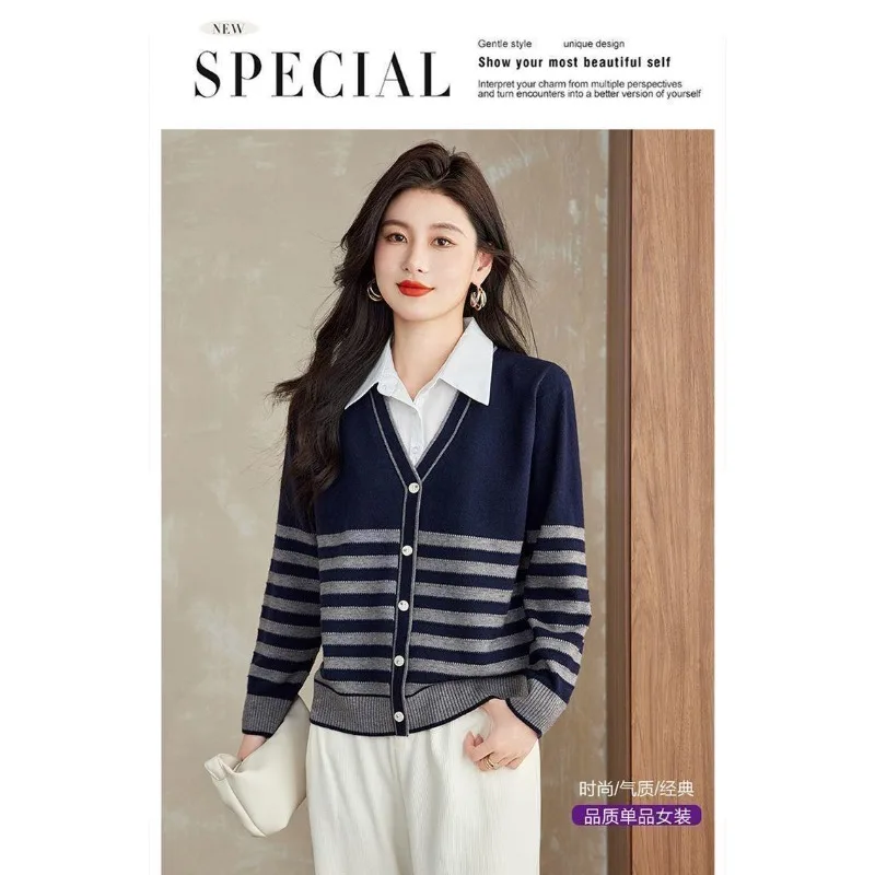 Suéter de dos piezas falso a la moda para mujer, Top de Color a juego con cuello de camisa, camisa de fondo de Color contrastante, otoño 2025