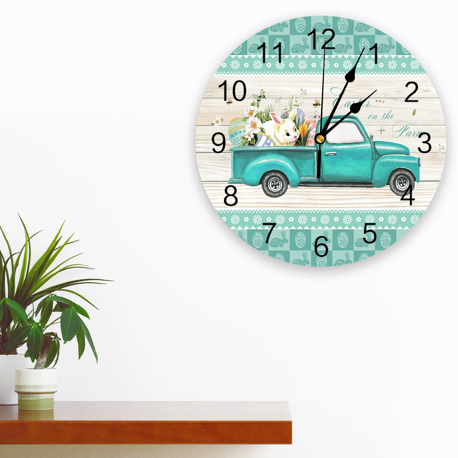 Easter Bunny Truck Wood Plank Texture PVC No Ticking Wall Clock Wall Decor Kitchen Digital Clock Modern  Bedroom  Wall Watch