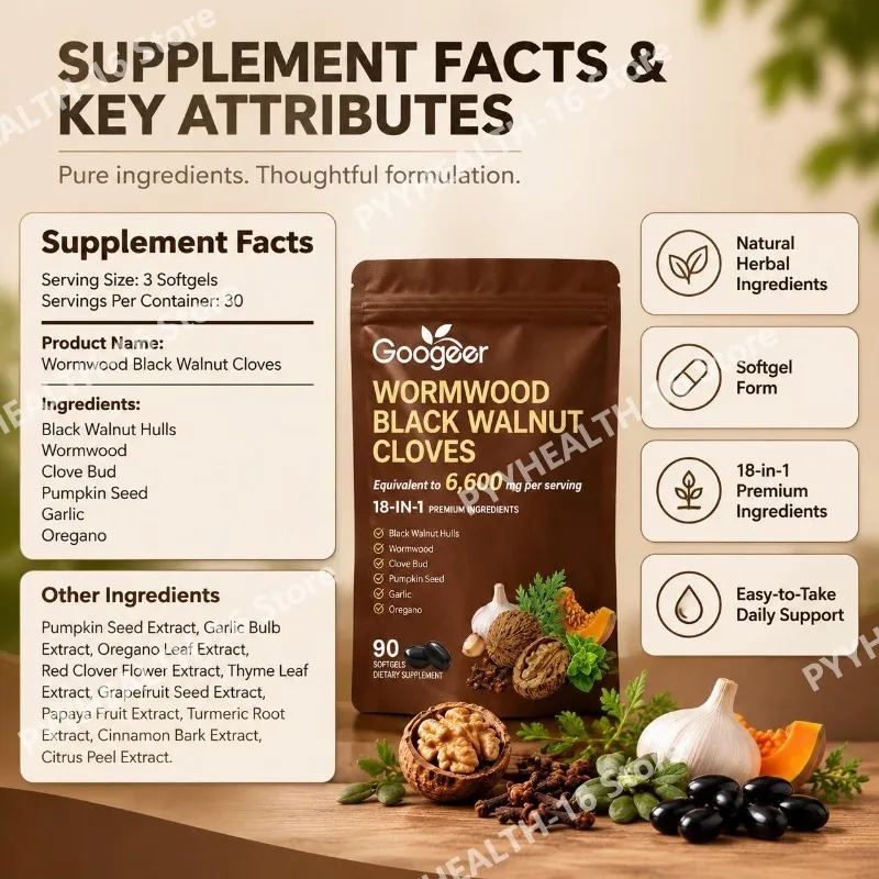 Wormwood Black Walnut Cloves Softgels for Occasional Head Heaviness and Physical Tiredness Support, 18-in-1,Vegan 90 Softgels