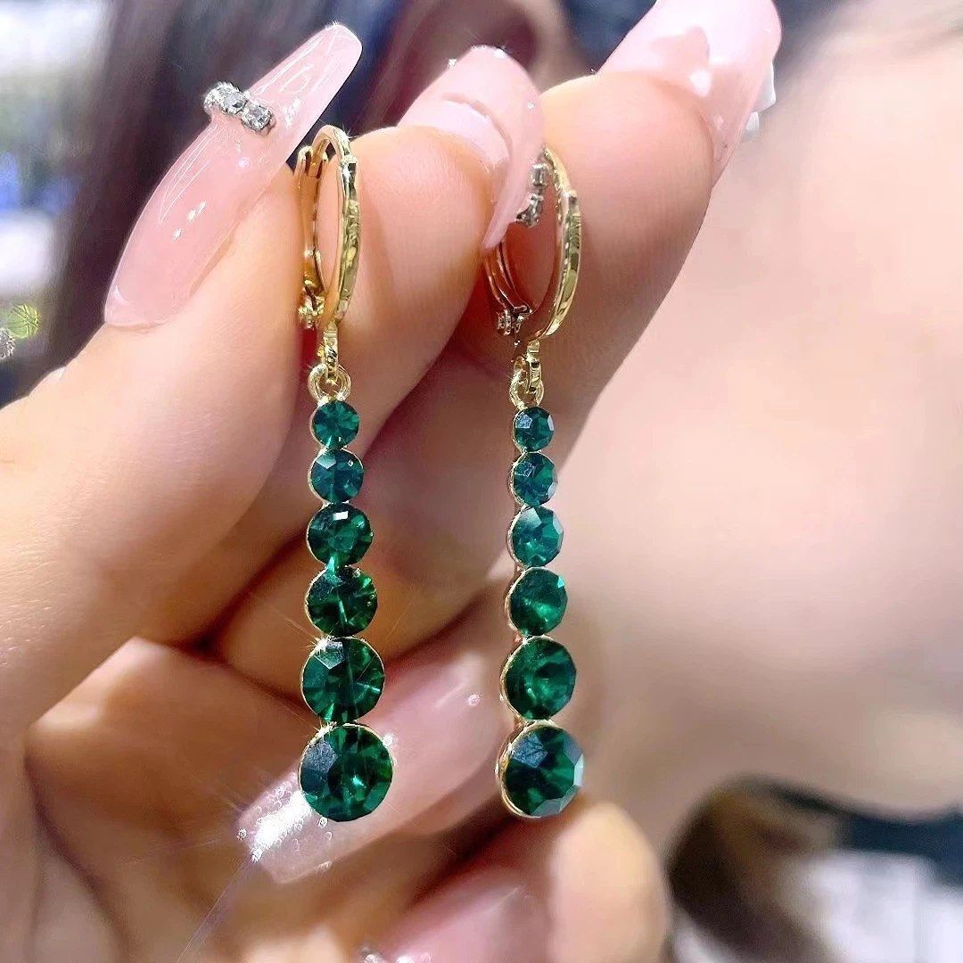 Korean Green Crystal Stone Drop Earrings for Women Trendy Rhinestone Geometric Tassel Dangle Earring Girl Party Fashion Jewelry