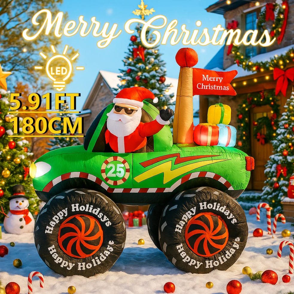 5.91FT Giant Outdoor Decoration Christmas Inflatable Model Truck Santa Monster Reindeer LED Lights Xmas Yard Lawn Party Ornament