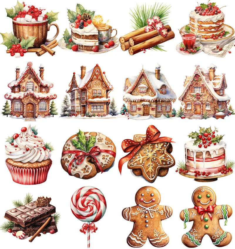 16Pcs/Pack Christmas Dessert Gingerbread House Sticker DIY Craft Scrapbooking Album Junk Journal Decorative Stickers