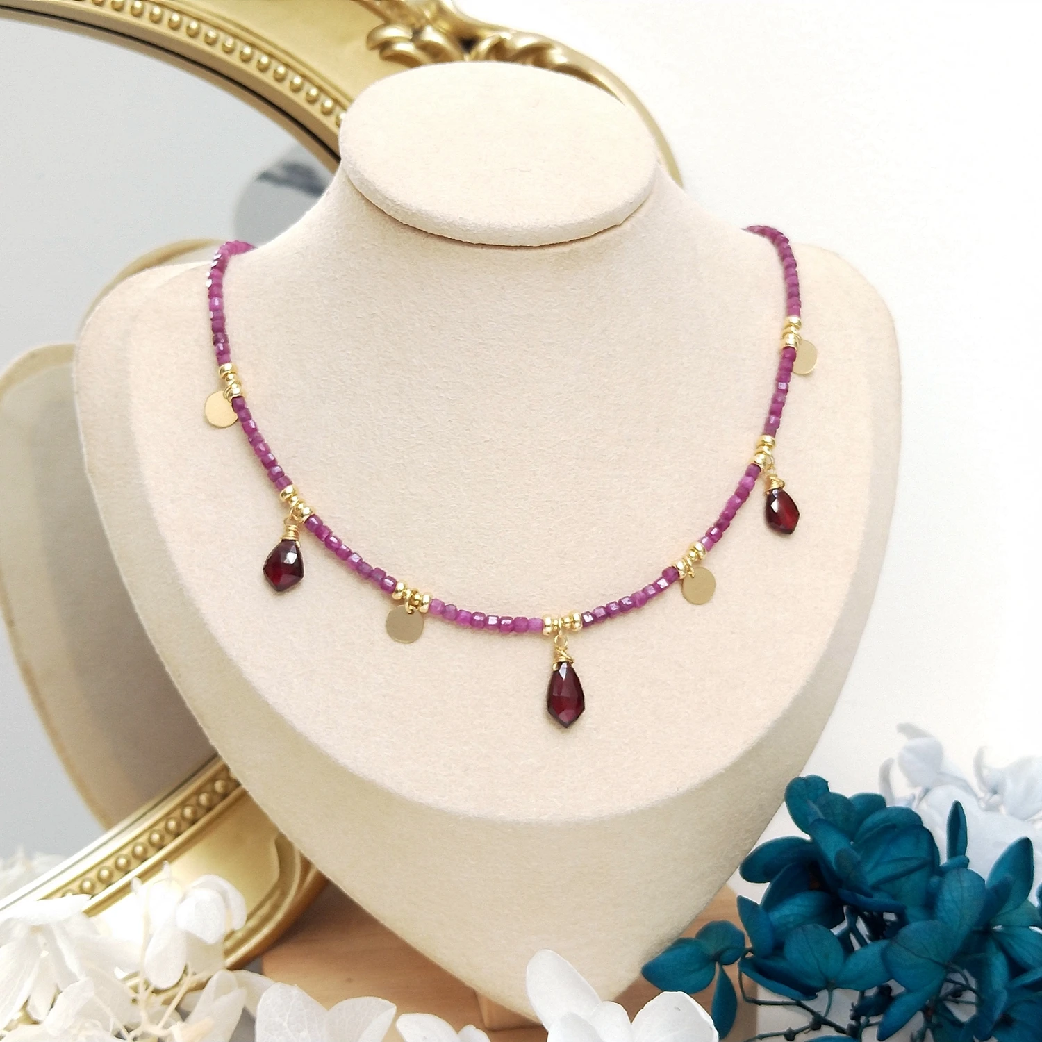 

Lii Ji Natural 2mm Ruby With Garnet Charms Choker American 14K Gold Filled Necklace Real Gemstone Handmade Jewelry For Christmas